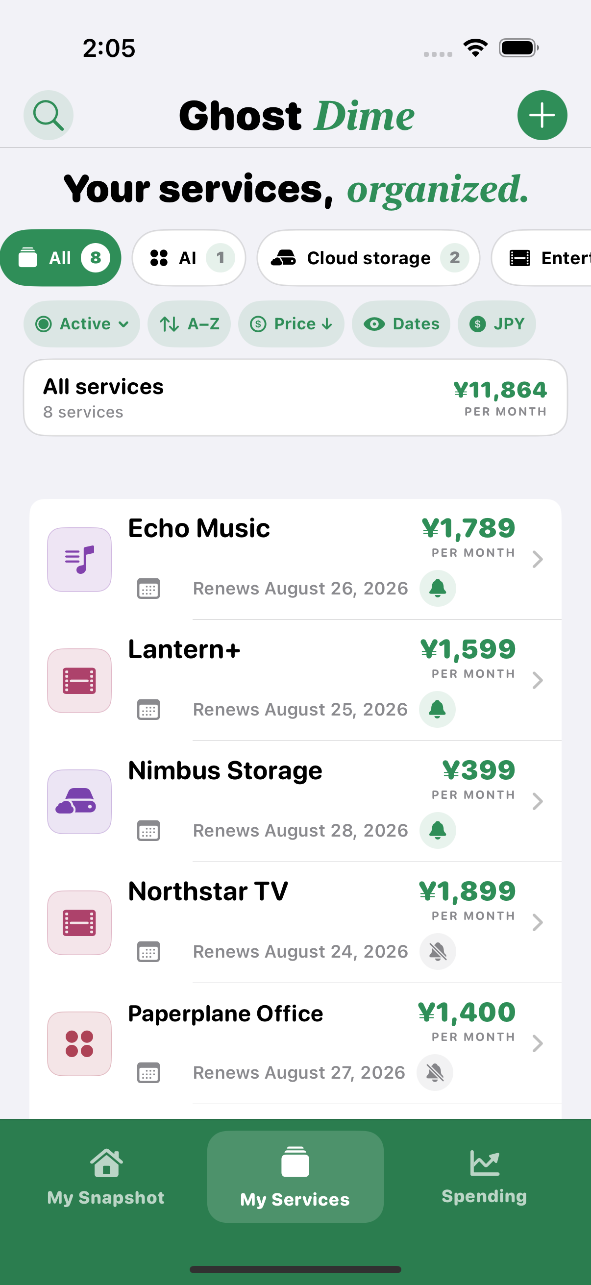 Ghost Dime services library displaying fictional subscriptions in Japanese yen
