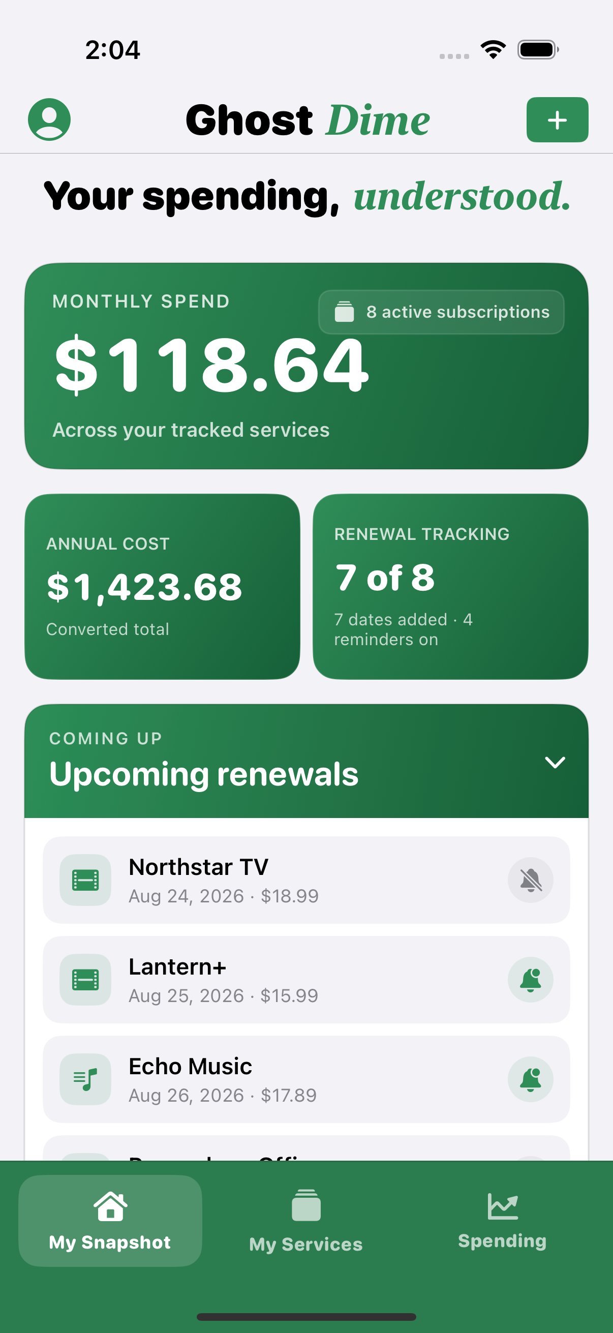 Ghost Dime spending snapshot showing fictional subscriptions in dollars